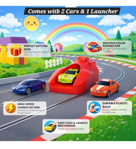 Image of Car Launcher Toy Set for Kids with 2 Racing Cars & 1 Speed Launcher | Easy Press & Launch Action | High-Speed Mini Racing Cars | Indoor Outdoor Play Gift for Boys & Girls