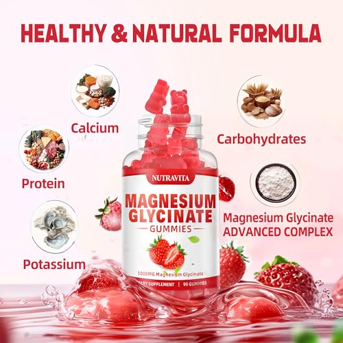 Magnesium Glycinate Gummies 1000mg with Magnesium L-Threonate,Chelated Magnesium Potassium Complex Supplement with VitD, B6, CoQ10, Calcium,Supports for Memory, Calm, Mood - 90 Gummies Strawberry