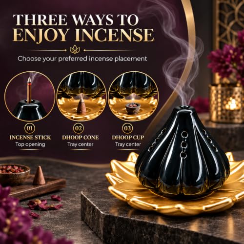 Image of SIGNAMIO Ceramic Sambrani Dhoop Doopam Dhupam Stand Holder - Gold Black