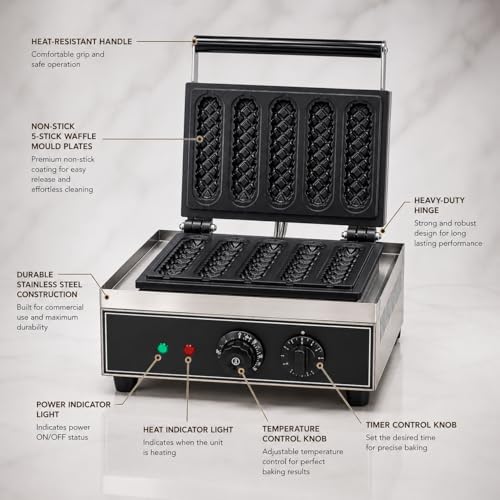 Image of 5 Stick Waffle Maker Machine, Commercial Electric Waffle Stick Maker, Professional Belgian Waffle Machine for Cafe Bakery