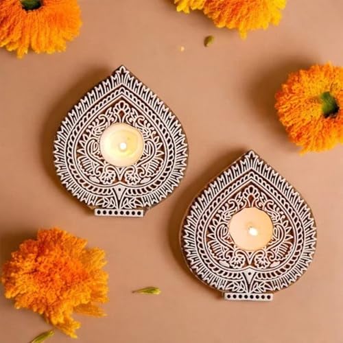 Image of Ascension 2 Wooden Betel Leaf Shaped Tea Light Candle Holder Handmade Wooden Block Print Tlight for Diwali Decoration Mandala Stamp Printing Candle Tlight Set Stand for Indoor Decor (Leaf Shaped)