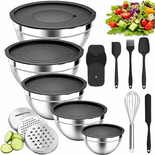 Nifogo Lot de 5+14 Saladier Avec Couvercle, Cul de Poule Inox Avec Couvercles Hermétiques & 3 Râpes, 3,3L/2,5L/1,9L/1L/0,7L, Empilables pour Cuisine...