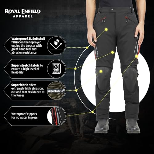 Image of Royal Enfield ADVENTURER XT RIDING TROUSER| CE level 2 armor at knee & hip | High abrasion resistance 610 D cordura fabric | Superfabric at Knees | Waistband adjusters | BLACK 36 inch