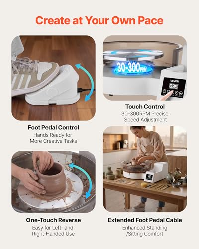Image of VEVOR Pottery Wheel for Adults, 14 inch and 11 inch Turntables, 450W Electric Table Top Pottery Wheel with Foot Pedal, 30-300 RPM Adjustable Speed, Detachable Basin, for Beginners, DIY Clay Art Craft, White