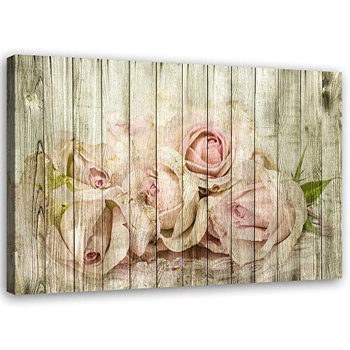 Feeby Impression sur Toile Intissé Shabby Chic Rustique 40x30 cm Image Moderne Tableau Déco Mural Salle De Séjour Roses Fleurs Bois rose