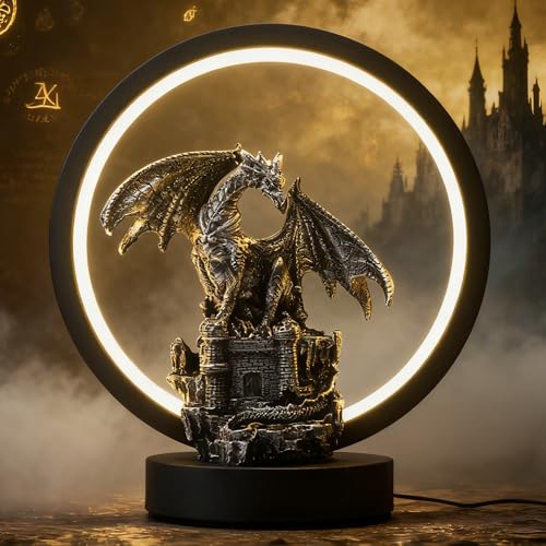 Hmusnwol Dragon&Castle Figurine Lamp - 6.15 inch LED Circle Table Lamp Light for Bookshelf/Desk/Bedside/Nightstand Great for Collectors and Dragon Fans Alike