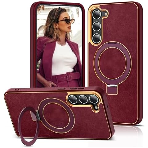 YEMODO for Samsung Galaxy S23 Case with Magnetic Invisible Ring Stand Leather Business Phone Case Compatible with Magsafe Shockproof Protection Classic Luxury Slim Cover for Women Men,Red Cover