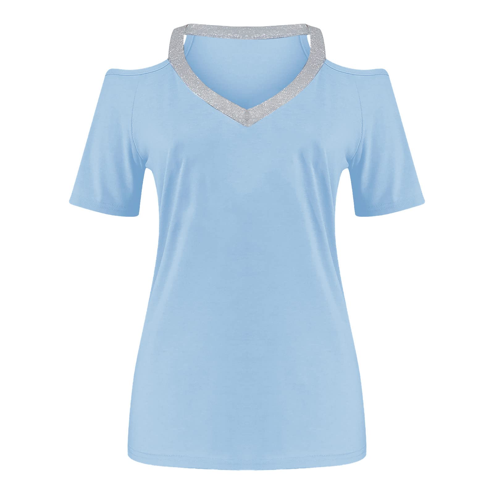 T-shirt estiva con scollo a V da donna a maniche corte basic elegante bottoni top da donna camicette da donna camicetta tunica in cotone e lino camicia basic casual, B1 Blu A