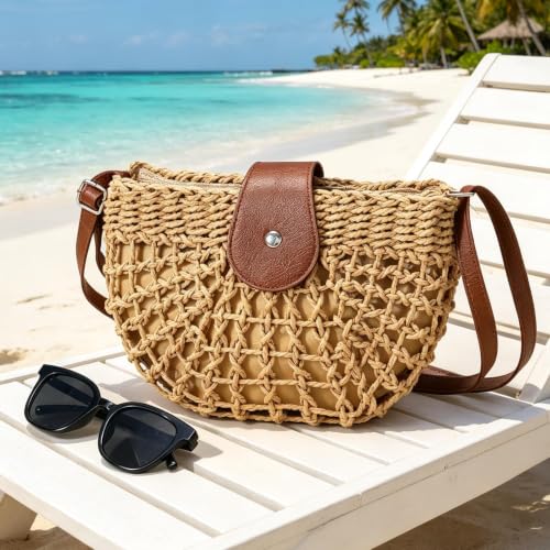 Image of Straw Bag Beach Purse Summer Purses for Women Vacation Handbags Woven Crossbody Bags Straw Shoulder Bag