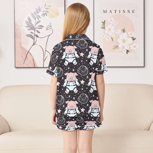 ALAZA Cartoon Astronaut Space Pig Pajamas Satin Pajama Set Short Sleeve Button Down Sleepwear4