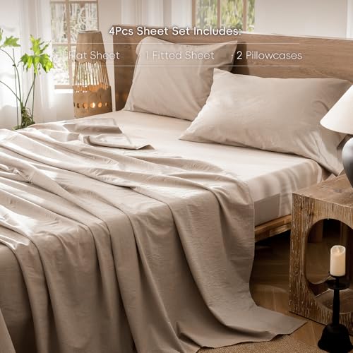 Image of MooMee Sheet Set 100% Washed Cotton Linen-Like Extra Deep Pocket Queen | Relaxed Linen-like Texture. Soft, Breathable & Lightweight Comfort. 15-19 inch Extra Deep Pocket with All-around Elastic