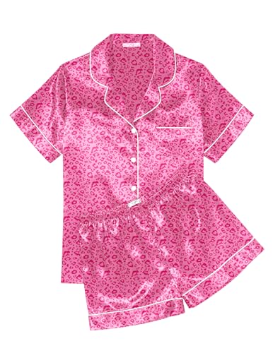 Image of Ekouaer Womens Silk Satin Pajama Sets Soft Short Sleeve Button Down Sleepwear Top and Shorts 2 Piece Pjs Lounge Set