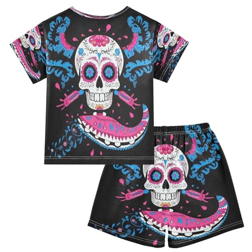 Pajama Sets Short Sleeve Sugar Skull Vibrant Pattern Soft Cotton Summer Sleepwear 2 Piece PJS Size 5-14T2