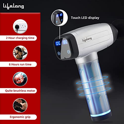 Image of Lifelong Gun Massager | Percussion for Full Body Pain Relief | 6 Heads | LED Touch | 30 Speed Levels | 1 Year Warranty (LLGM18, Silver)