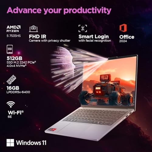 Lenovo IdeaPad Slim 5 AMD Ryzen 5 7535HS 13.3 inch (33.7cm) WUXGA IPS Laptop (16GB RAM/512GB SSD/Windows 11/Microsoft 365 Basic + Office Home 2024/Backlit Keyboard/1Yr ADP Free/Grey/1.6Kg), 83J2004HIN