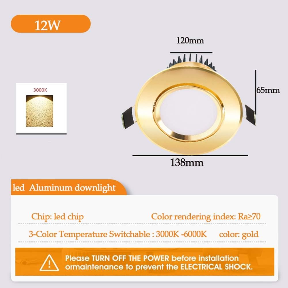 12W 5.2in Gold LED Recessed Ceiling Light Aluminium LED Recessed Can Retrofit Light Gold Housing & Trim Kits 3CCT Switchable Color Temperature for Home Improvement
