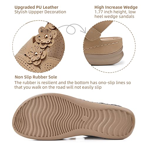 Shibever Women Sandals Wedge Sandals Shoes For Women Elegant Flower Ankle Strap Casual Summer Dressy Flat Shoes Khaki 9 #TOP4
