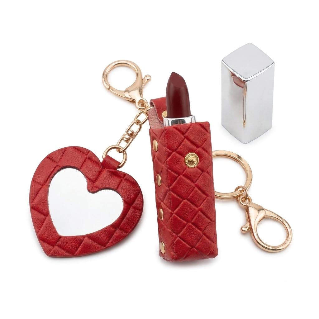PookiePopZ Luxury Quilted Leather Lipstick Holder Keychain Set with Heart Mirror – Premium Travel Lipstick Case with Gold-Tone Clasp, Portable Makeup Organizer Keyring for Purse & Bags (Red)-image-21