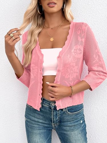 Image of Women Crop Cardigan Sweaters Lightweight 3 /4 Sleeve Button Up Crochet Shrug | Textured Bolero For Dresses Dressy Casual, V Neck, Ladies Eyelet Shawl Thin Trendy