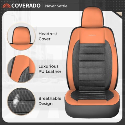 Image of Coverado Car Seat Covers Front Seat, Luxury Leather Car Seat Protector, Automotive Front Mesh Seat Covers, Orange&Black Seat Cushion for SUV Sedan Truck