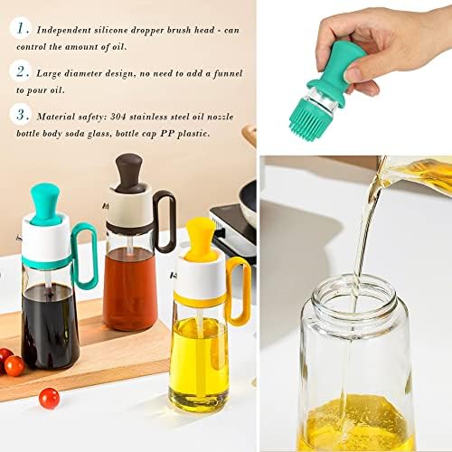 LIRANK 2 in 1 Oil Dispenser Bottle with Stainless Steel Spout and Silicone Brush, Oil Measuring Dropper, Oil Dispensing Glass Bottle for Kitchen Cooking, Baking, BBQ, Air Fryer (Green)