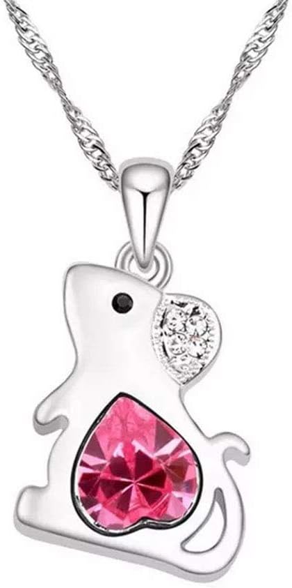 Rat Crystal Pendant Necklace - Mouse Pink Heart Pendant, Family and Friends Jewelry, Fashion Cute Love Design, Animal Jewelry