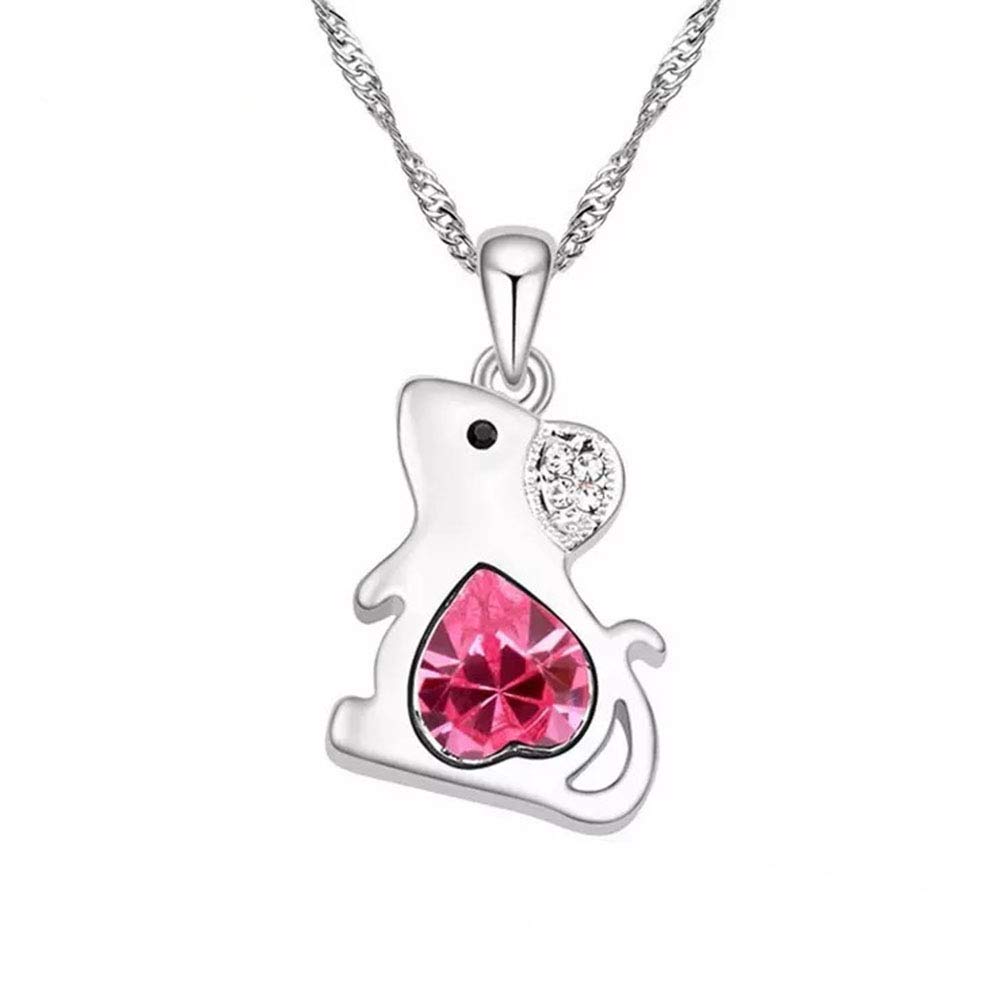 Rat Crystal Pendant Necklace - Mouse Pink Heart Pendant, Family and Friends Jewelry, Fashion Cute Love Design, Animal Jewelry