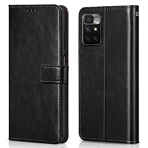 Image of WOW IMAGINE Shock Proof Flip Cover Back Case Cover for Xiaomi Mi Redmi 10 Prime (Flexible | Leather Finish | Card Pockets Wallet & Stand | Black)