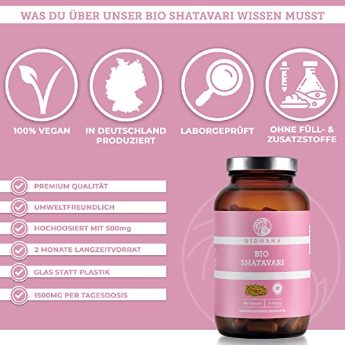 QIDOSHA® Bio Shatavari Kapseln hochdosiert, 180 Stk im Glas, 1500 mg Shatavari Pulver Bio je Tagesportion, Shatavari Pulver Kapseln bio, laborgeprueft, vegan