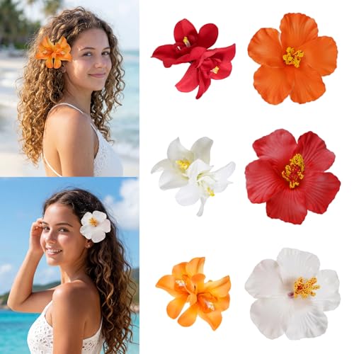 6 Piezas Pinzas de Pelo con Flor Hawaiana para Mujeres, 3.5 Pulgadas, Flores Artificiales Plumeria Hibiscus, Accesorios Tropicales para Playa, Piscina, Vacaciones, Fiestas Luau y Bodas (Blanco, Rojo, Naranja) miniatura 1