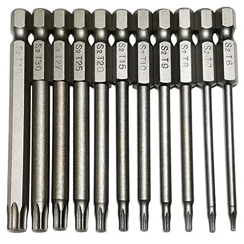YDLQWCZ Security Torx Bit 11 Pieces 1/4 Inch Hex Shank T6 T7 T8 T9 T10 T15 T20 T25 T27 T30 T40 3 Inch Length S2 Steel Torx Head Screwdriver Drill Set(Torx Head)