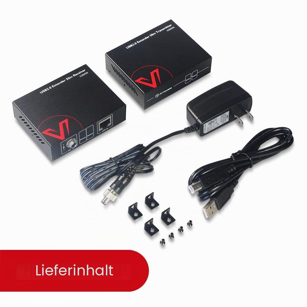 AV Access USB Extender，USB Over Ethernet Rj45 über Cat5e/6/6a/7 Bis zu 60m, 4 Port USB2.0 für Tastatur/Maus/Gamepad, Two Webcam Work Sync, Supports Windows, MacOS, Android, Linux, No Driver（U2EX50）