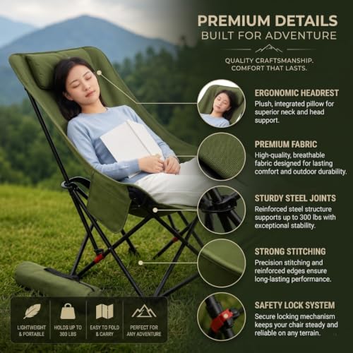Image of Folding Reclining Lounge Chair with Adjustable Backrest, Metal Frame & Fabric Seat | Portable Outdoor Camping Chair with Carry Bag for Patio, Garden & Travel