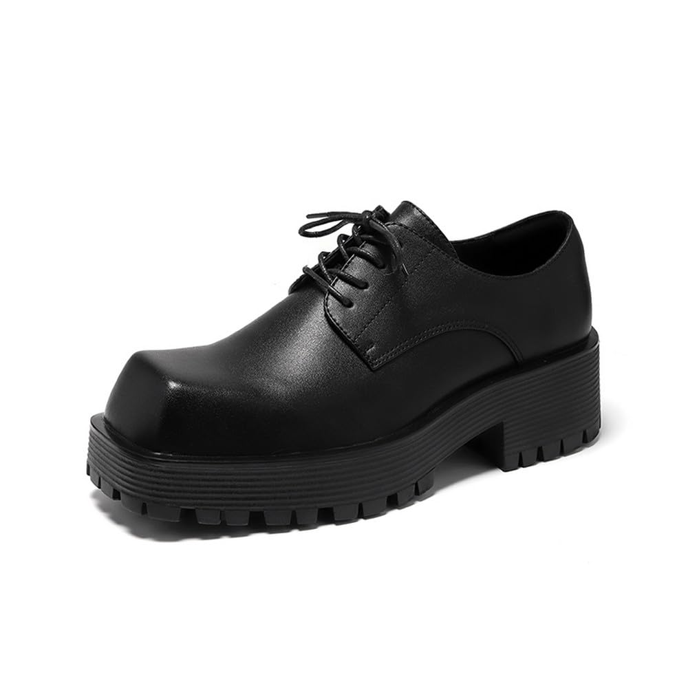 MANLADUO Chaussures de travail à bout carré pour homme – Chaussures habillées en cuir à semelle épaisse imperméable avec augmentation de la hauteur