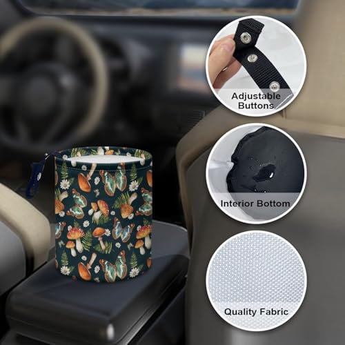 Image of Butterfly Mushroom Cat Car Garbage Can Small Trash Can with Leak Proof Inside Liner and Hanging Strap Car Organizer Portable for Road Trip