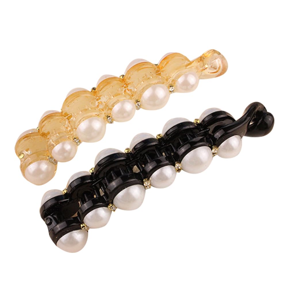 Healeved Pearl Banana Clip Set 2Pcs Large Vertical Hair Clips for Women Secure Ponytail Holder Elegant Pearl Detail Hair Styling Accessories for Work Party Beach