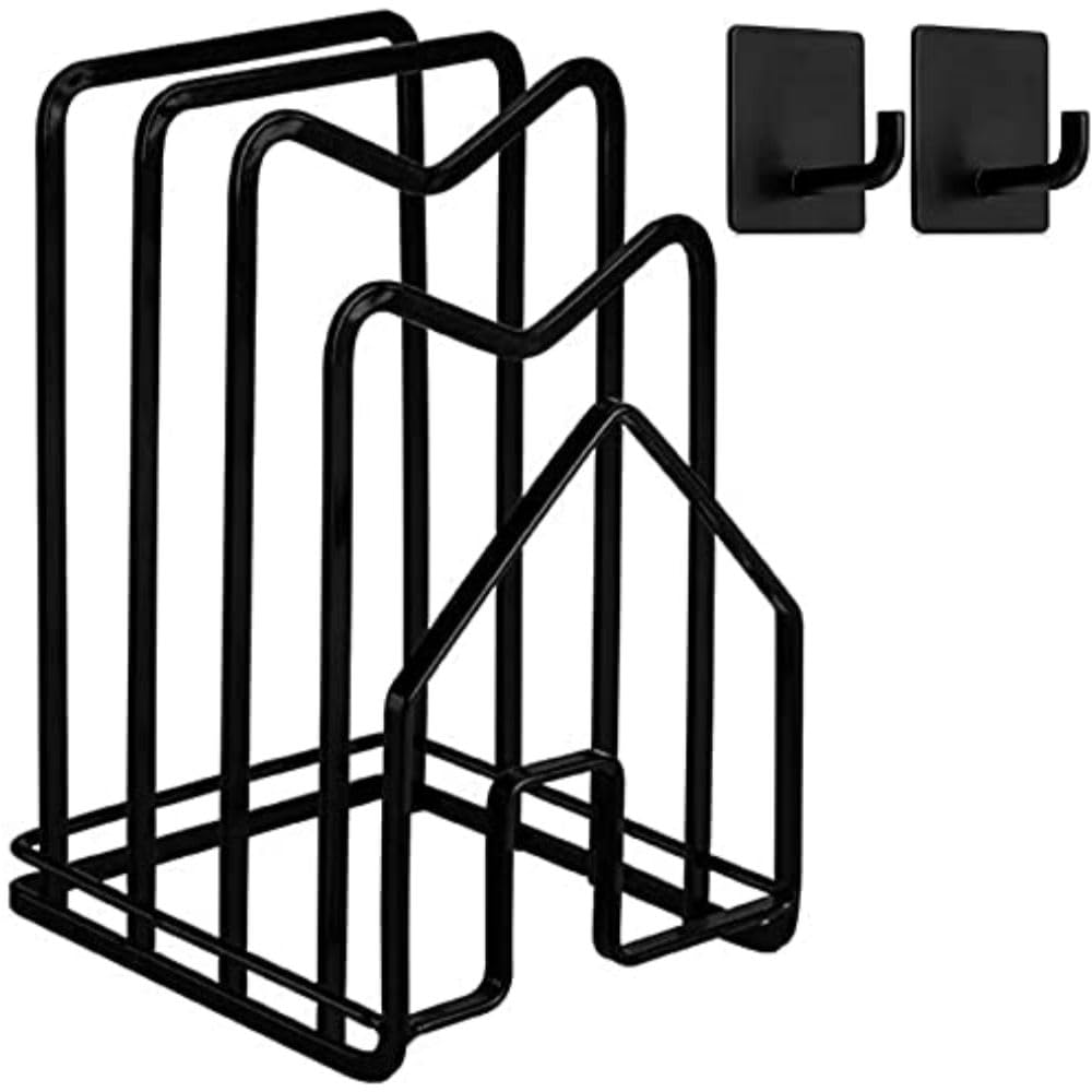 NALACAL Cutting Board Holder Rack Pot Pan Lids Holder 2 Adhesive 304 Stainless Steel Hanging Hooks Chopping Board Organizer Thin Bakeware Tray Dry Display Stand Kitchen Countertop Cabinet Black