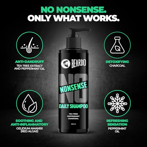 Image of Beardo No Nonsense Daily Shampoo for Men 200ml | For Healthy, Clean Scalp | Anti-inflammatory Peppermint, Tea Tree Fights Dandruff | Activated Charcoal Detoxifies Scalp | Paraben Free | Daily Use Shampoo for Stronger, Cleaner Hair
