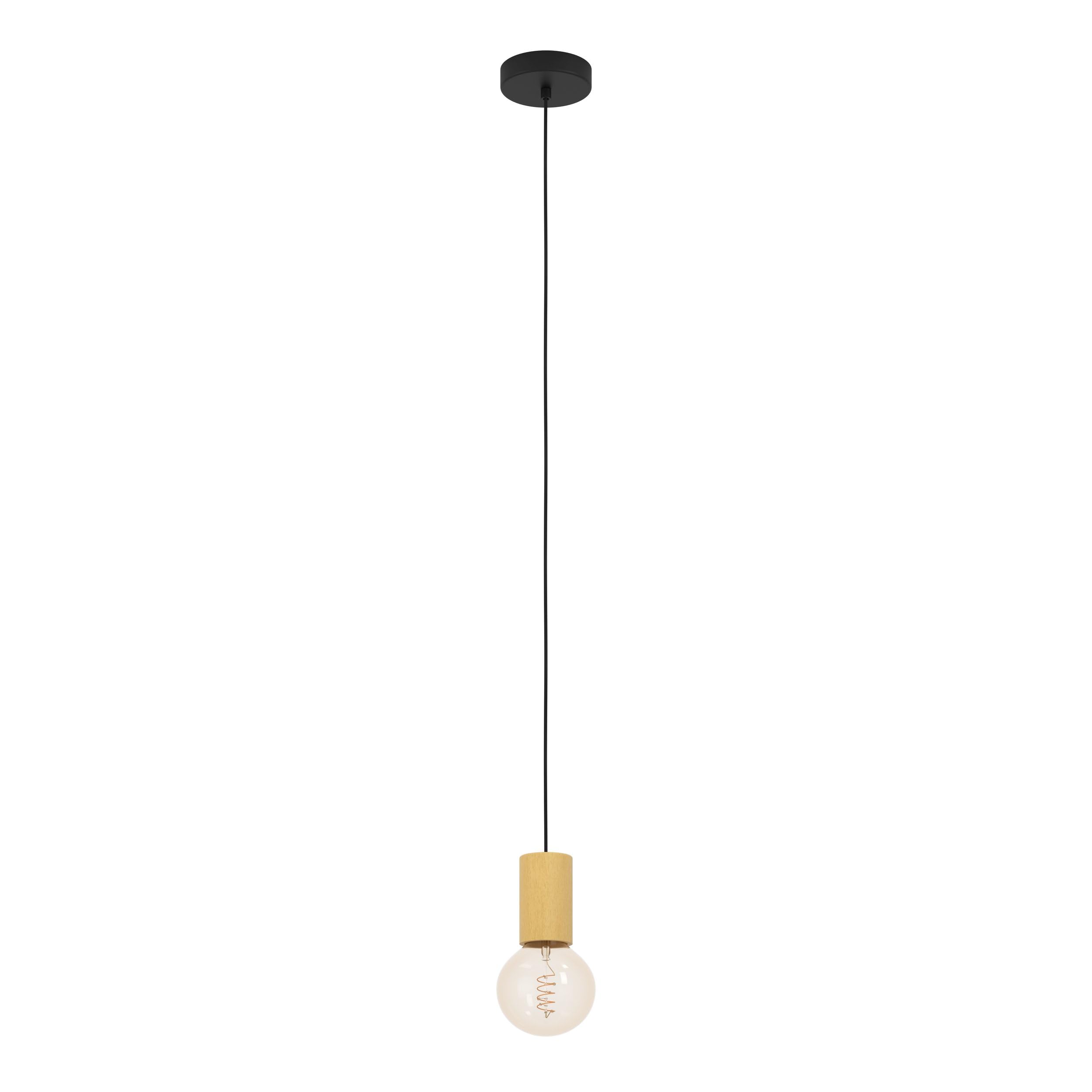 Eglo Pendant Lighting Pozueta 1, Cord Pendulum for Dining and Living Room, FSC100HB, Minimalist Hanging Ceiling Light, Black Metal and Natural Wood, Cable with E27 Socket, Ø 2.6 in
