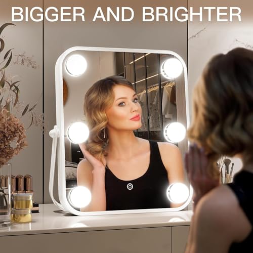 Image of Hollywood Vanity Mirror with Lights, Personal Makeup Mirrors with 6pc LED Bulbs, Cosmetic Mirrors for 3 Color Lighting,Touch Control (White)