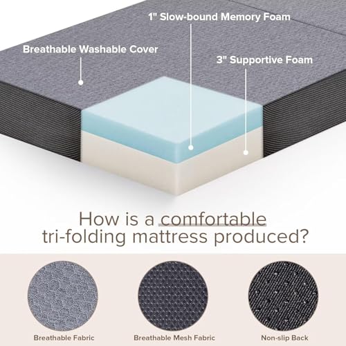 Image of Tri Folding Memory Foam Mattress | Soft & Medium Firm | Foldable Mattress | Guest Bed | Camping Bed | Grey (Single 36x72x6 Inch)