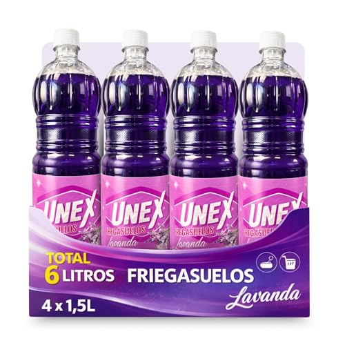 Friegasuelos aroma Lavanda, Limpiador de suelos olor Lavanda, Con perfume intenso y duradero, Combate malos olores, ideal para conseguir un suelo reluciente y no dejar huellas,4 botella de 1.50 Litros