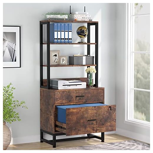 Tribesigns 2 Drawer Vertical File Cabinet with Lock & Bookshelf, Letter Size Large Modern Filing Cabinet Printer Stand with Open Storage Shelves for Home Office, Dark Brown