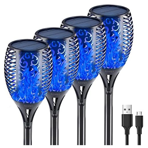 arzerlize Tiki Torches,Solar Flame Lights Outdoor LED Lamp Flickering Flame Dancing Waterproof Garden Landscape Yard Pool Lawn Driveway Path Decoration Outside Decorative Camping Ornaments Blue 4/P