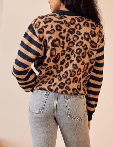 Women's Leopard Striped Cardigan Open Front Color Block Button Down Knit Sweater Fall Cropped Coat2