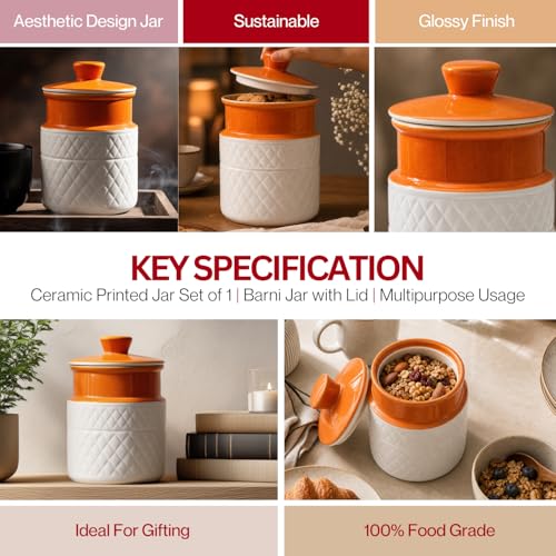 Image of Ceramic Storage Jar with Lid | Orange & White Textured Kitchen Container for Tea, Coffee, Sugar, Snacks & Dry Storage | Decorative Countertop Jar