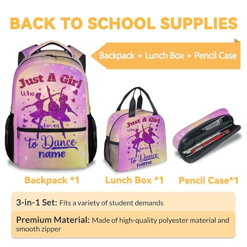Custom Girls Backpack with Lunch Box Pencil Case, Dance Backpacks Matching Combo for Kids, Personalized Pink Bookbag and Lunch Bag Pencil Pouch Bundle, Back to School Gift3