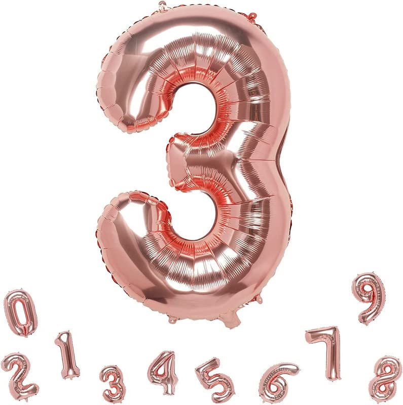Image of Bubblebells Rose Gold 32 Inches 3 Numbers Shape Large Big Foil Helium Balloons for Party Decorations in Happy Birthday Anniversary Office Items Materials Set Pack