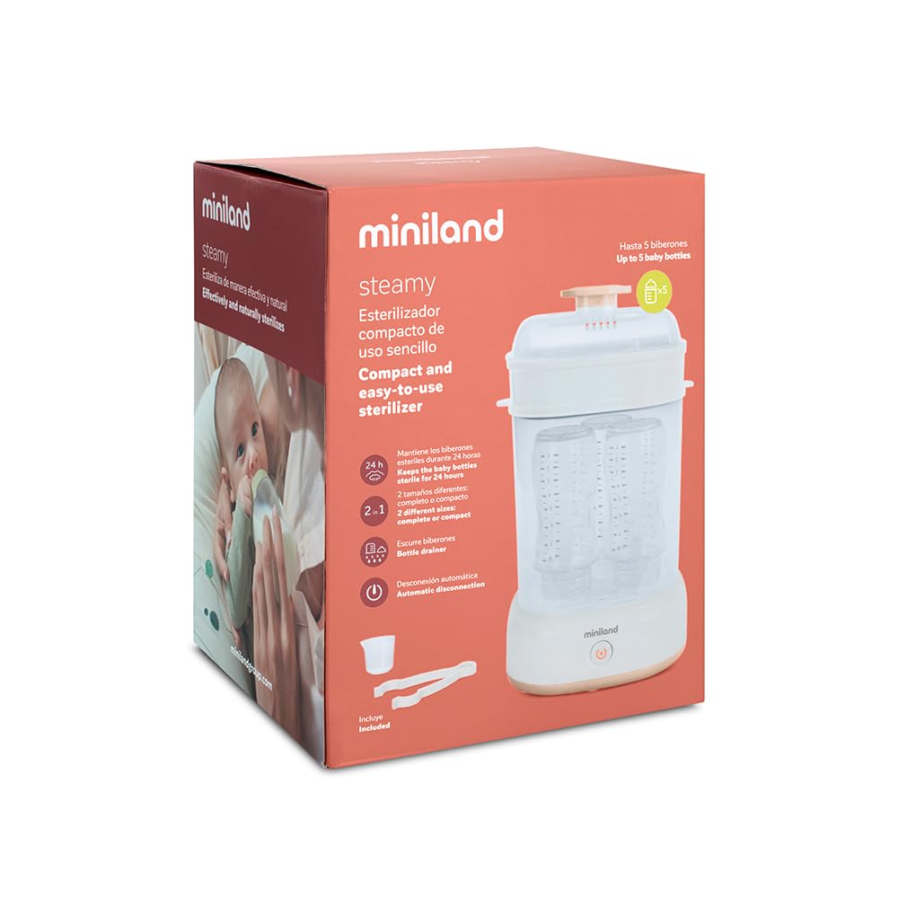 Miniland - Mini Steamy Sterilizzatore a vapore, grande capacità per biberoni, ciucci e tettarelle, unisex, adatto per lavastoviglie, automatico, senza sostanze chimiche (beige)