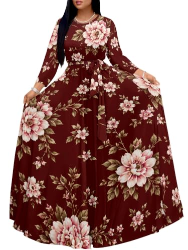 Image of Women Plus Size Long Sleeve V Neck Maxi Dress with Belt | Soft fabric relaxed fit three quarter sleeve v neck with pockets for party and daily wear